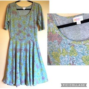 LULAROE Nicole Fit & Flare Dress M L 8 I0 12 14 Gray Pink Green Yellow Floral